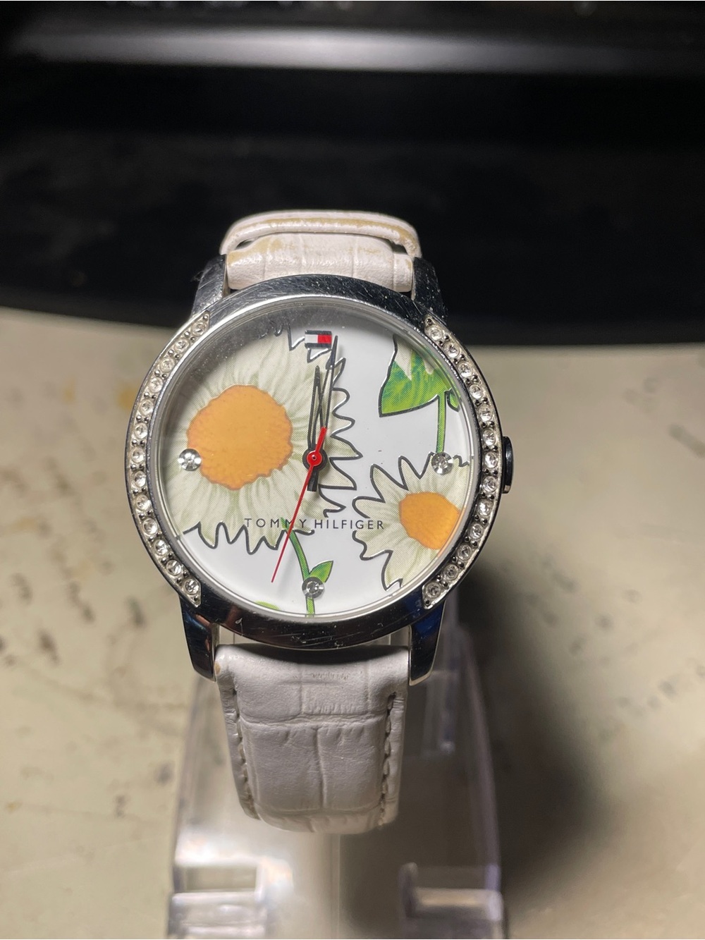Tommy Hilfiger White Strap Floral Dial Crystal Bezel Watch